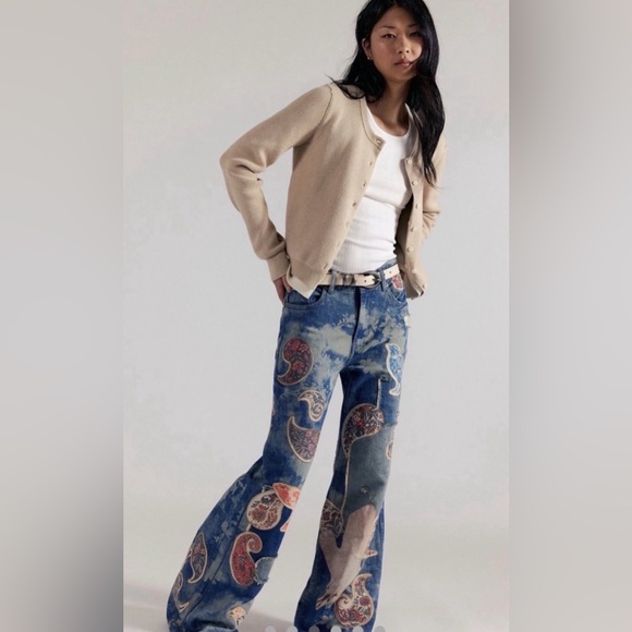 Free People Flying High Patched Jeans We The Free Embroidered Birds Print Blue - Picture 4 of 7